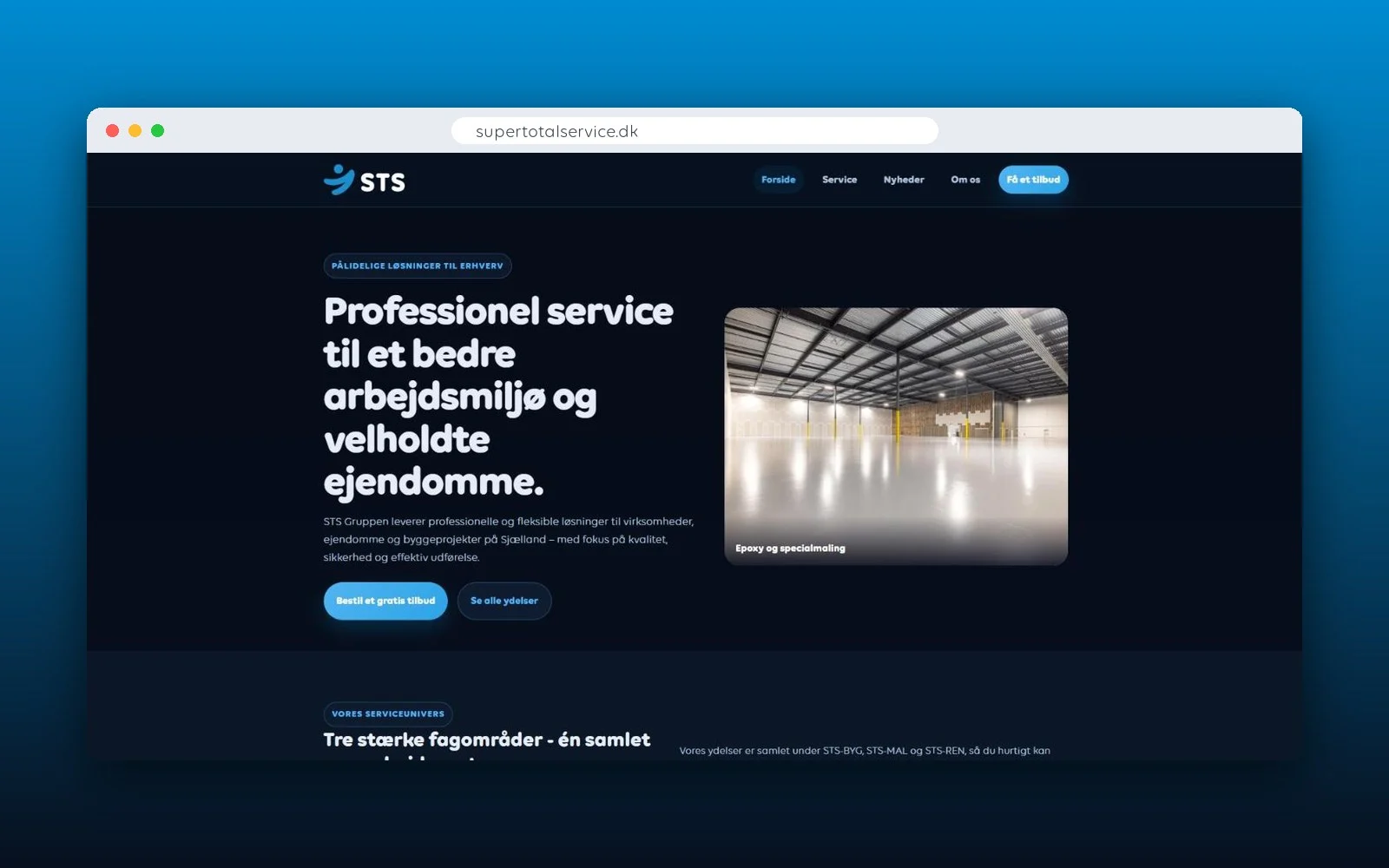 Forsiden af STS Gruppens nye hjemmeside supertotalservice.dk